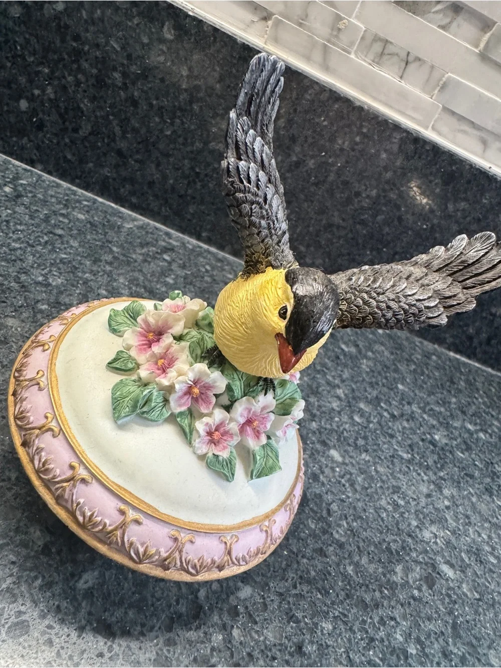 Yellow & Grey Decorative Bird Keepsake Box - Floral Trinket Jewelry Holder